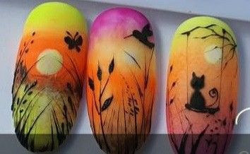 Nail Art Scenery, Scenery Nail Art Designs, Scenery Nail Art, Sunrise Nails, Silhouette Nails, Feather Nail Art, Sunset Nails, Water Color Nails, Magic Nails