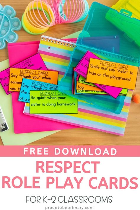 Do you practice respect in your classroom? These FREE respect role play cards are an easy way for you to have discussions with your students while also building their understanding of being respectful. This activity is perfect for whole group, or for your students to work on together. Respect Classroom, Respect Lessons, Respect Activities, Social Skills Curriculum, Teaching Kids Respect, Teaching Respect, Classroom Community Activities, Build Classroom Community, Group Therapy Activities