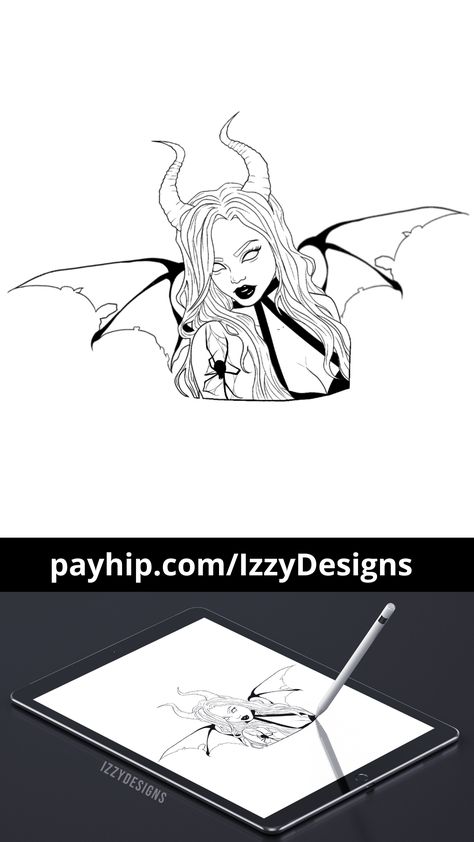 Gothic Tattoo Outline, Devil Girl Drawing, Devils Tattoo, Demon Lady Tattoo, Devilish Tattoos, Female Figure Tattoo Design, Gothic Tattoo Ideas For Women, Devil Horns Tattoo, Goth Girl Tattoo