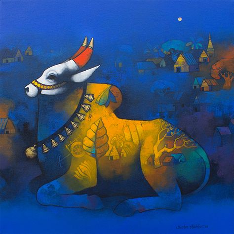 Sachin Akalekar_Nandi_65_The Mighty Taurus_24x24_Acrylic n Canvas_48000 Nandi Painting Art, Nandi Painting Canvas, Abstract God Painting, Abstract Indian Art, Nandi Painting, Shiv Nandi, College Drawing, Aesthetic Frames, Kali Shiva