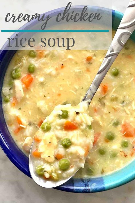 chicken and rice soup in a blue bowl. Cream Of Chicken Rice, Creamy Chicken Rice, Cast Iron Cornbread, Rotisserie Chicken Soup, Creamy Chicken And Rice, Easy Chicken And Rice, Rice Soup Recipes, Chicken Rice Soup, Creamy Chicken Soup