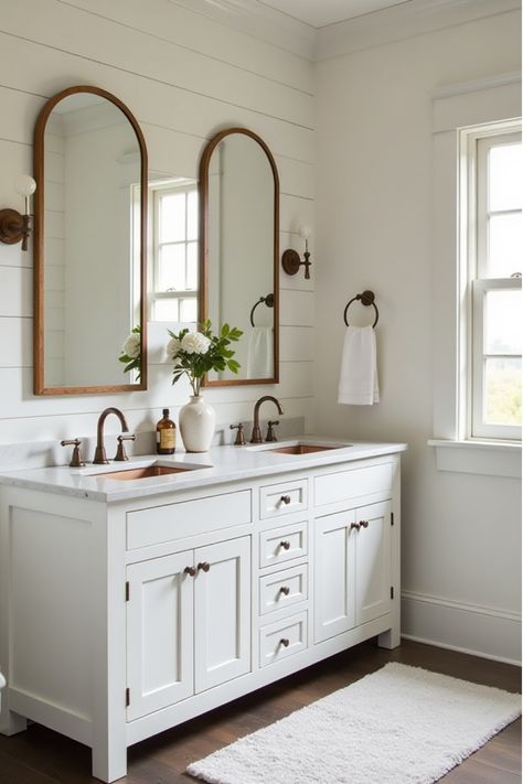 Farmhouse bathroom with distressed white double vanity, copper sinks, and shiplap wall Bathroom Ideas With Two Sinks, Bathroom Vanity White Cabinets, Farmhouse Bathroom Double Sink, Double Sink Kids Bathroom, Double Sink Bathroom Vanity With Storage, Double Vanity Small Bathroom, Bathroom Ideas Double Sink, Bathroom Mirror Ideas Double Sink, Two Sink Bathroom Ideas