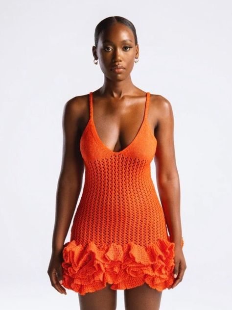 Orange Knit Dress, Crochet Ruffle, Summer Outfits 2024, New Aesthetic, Ruffle Hem Dress, Knit Mini Dress, Summer Fits, Best Dressed, Wearing Dress