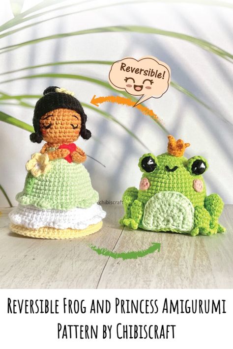 Meet the Reversible Frog and Princess Amigurumi! Simply turn this magical toy inside-out to complete the transformation! Finished product is ~4in tall. Paid crochet pattern Frog And Princess, Princess Amigurumi, Wedding Crochet Patterns, Crochet Princess, Frog Princess, Crochet Frog, Crochet Wedding, Crochet Instructions, Diy Crochet Projects