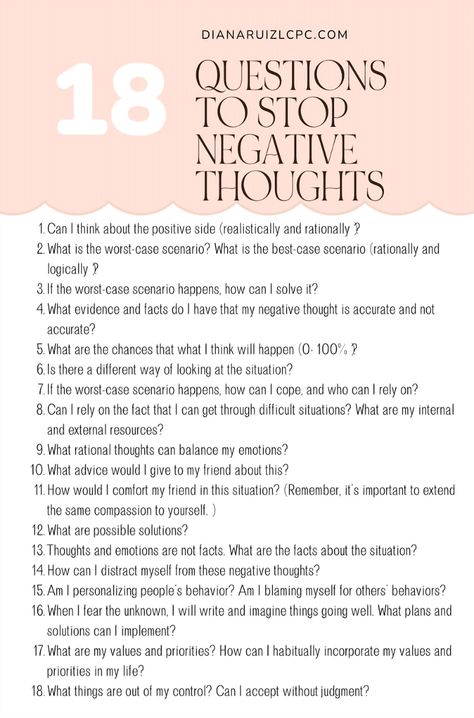 Struggling with a flood of negative thoughts? Explore these impactful questions crafted to help you interrupt the cycle and nurture a more positive outlook. Learn how small changes in how you see things can make a big difference in your day and enhance your mental health. Tap to dive deeper! Positive Mindset Exercise, Reframing Negative Thoughts Worksheet, How To Stop Negative Thoughts, Negative Mindset Quotes, Negative Thoughts Worksheet, Positive Mind Set, Stop Negative Thoughts, Group Therapy Activities, Powerful Questions