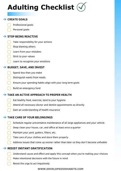 This simple adulting checklist highlights some of the most important personal development skills you need to improve to begin to be an "adult". The checklist can be downloaded as a free pdf. check it out, and learn more about why these six simple ideas are so important to becoming a responsible adult, The Checklist To Live The Life, How To Be An Organized Person, Personal Needs List, Adulting 101 Free Printable, 1% Improvement, Personal Development Journal, Adulting 101 Checklist, Adulting Tips 20s, How To Be A Grown Up