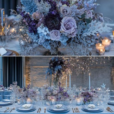 Style your winter wedding with enchanting purple accents. From a purple winter wedding bouquet to a beautifully crafted cake, bring elegance to every detail. Choose a purple theme with wedding flowers, decor, and dresses that embrace the season. Create a stunning purple winter wedding aesthetic with decorations, guest dresses, and an inspiring color palette. Let these purple ideas make your winter wedding a day to remember! Blue Purple Wedding Decorations, Galaxy Wedding Flowers, Purple And Silver Wedding Ideas, Purple Blue Wedding Theme, Blue Purple White Wedding, Royal Blue And Purple Wedding Theme, Plum And Gray Wedding, Wedding Purple And Blue, Purple And Blue Wedding Theme