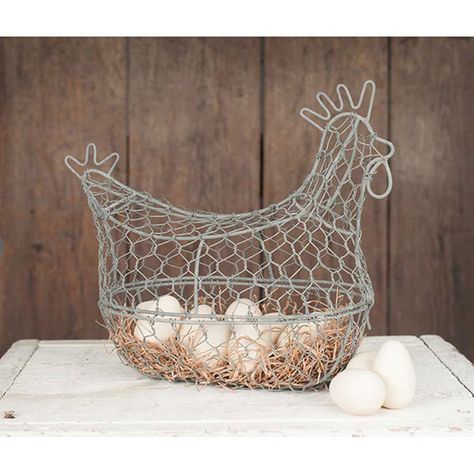 Wire chicken basket perfect for your farmhouse decor. A great place to store freshly gathered eggs. Egg Baskets, Chicken Wire Basket, Wire Egg Basket, Country Chicken, Lamb Decorations, Rooster Decor, Fresh Chicken, Egg Basket, Wire Basket