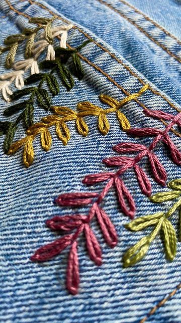 Jenny ~ Embroidery Hoop Art on Instagram: "Added some foliage to this Jean pocket. 🌿 Some simple chain stitch branches x . . #sustainableclothing #handmadestyle #embroideryinstaguild #dmcembroidery #sewing #embroideryart #embroideryhoop #embroidered #embroideryartist #embroideryartwork #madeintheuk #supportsmallbusiness #britishstitchers #embroiderywork #upcycledfashion #hoopartembroidery #handmadewithlove #embroideryhoopart #embroidelicious #florals #modernembroidery #contem Jean Pocket Embroidery Simple, Foliage Embroidery, Simple Chain, Jean Pockets, Upcycled Fashion, Modern Embroidery, Embroidery Hoop Art, Sewing Tips, Hoop Art