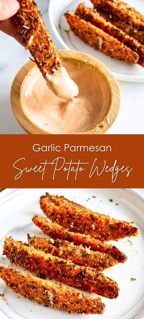 Easy Baked Garlic Parmesan Sweet Potato Wedges - Yummy and fully Garlic Parmesan Sweet Potato Wedges, Sweet Potato Wedges Baked, Sweet Potato Recipes Savory, Gluten Free Sweet Potato Recipes, Parmesan Sweet Potatoes, Baked Sweet Potato Recipes, Crispy Sweet Potato Wedges, Healthy Sweet Potato Recipes, Air Fryer Sweet Potatoes