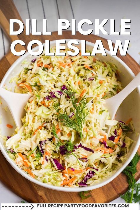 dill pickle coleslaw in a mixing bowl Pickle Slaw Recipe, Dill Pickle Coleslaw, Pickle Coleslaw, Sweet Dill Pickles, Party Food Favorites, Classic Coleslaw, Garlic Dill Pickles, Kosher Dill Pickles, Creamy Coleslaw