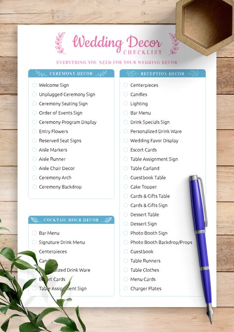 Here is the best way to plan and keep track of your wedding decor. Use this checklist to write down and check what decorations should be in your wedding venue. You will remember every detail of your decor, which will allow you to prepare for the event in time and have an unforgettable wedding! Sections available in this template: Everything You Need For Your Wedding Decor,; Ceremony Decor,; Coctail Hour Decor,; Reception Decor,. Wedding Decor Inventory List, Printable Wedding Planning Checklist, Wedding Decoration Checklist, Wedding Reception Checklist, Wedding Decor Ceremony, Wedding Planning Checklist Printable, Cocktail Hour Decor, Sales Kit, Wedding Planner Checklist