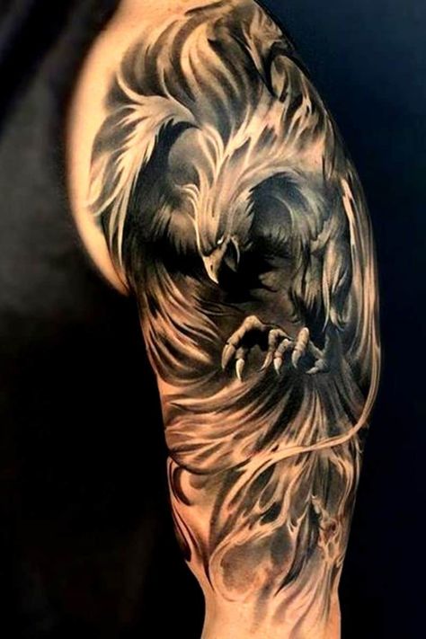 Phenix Tattoo Design Men, Phoenix Half Sleeve Tattoo Men, Black Shoulder Tattoo Men, Black Phoenix Tattoo For Men, Tatoos Men Shoulder Ideas, Phoenix Shoulder Tattoo Men, Mens Shoulder Tattoo Ideas Inspiration, Phenix Tattoo For Men, Men’s Phoenix Tattoo