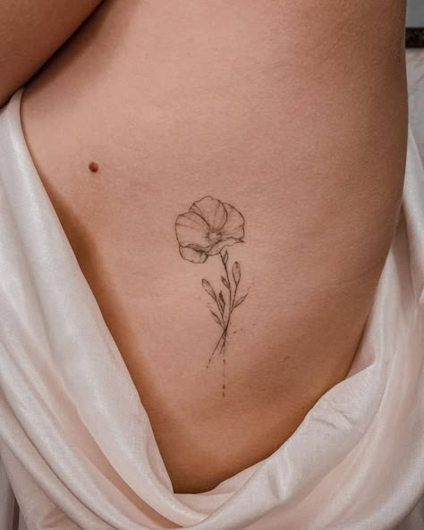 Feminine Tiny Poppy Flower Tattoo Dainty Petunia Tattoo, 3 Poppy Flower Tattoo, Four Flower Tattoo, Poppy Tattoo On Ribs, Cali Poppy Tattoo, Poppy Side Tattoo, Poppy Behind The Ear Tattoo, Poppy Flower Line Tattoo, Poppy Flower Rib Tattoo