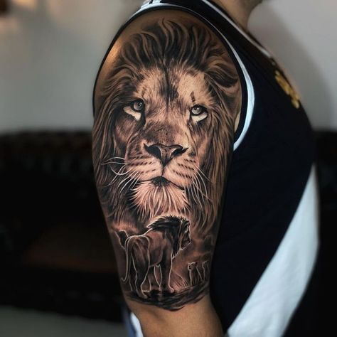 Beautiful lion portrait tattoo design on upper arm