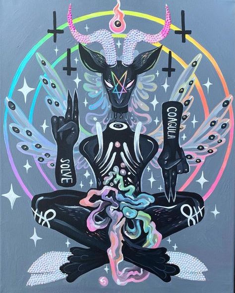 Creepy Cool Wallpapers, Baphomet Art Cute, Cute Baphomet Wallpaper, Baphomet Painting, Satanism Art, Baphomet Drawing, Pentagram Art, Baphomet Art, Gothic Rainbow