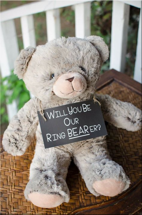 A special little guy will be getting this ring bear'er gift #RingBearer #RingBearerProposal Diy Ring Bearer Proposal, Bear Themed Wedding, Ask Ring Bearer Ideas, Ring Bear Proposals, Ring Bearer Proposal Ideas Nephew, Wedding Ring Barrier Ideas, Ring Barrier Proposal, Ring Bearer Ideas Asking, Adult Ring Bearer