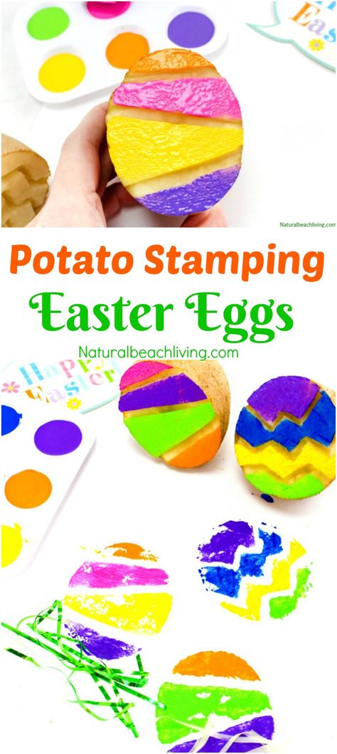 The Best Easter Egg Potato Stamp Ideas for Kids, Great Easter Craft, Potato Stamping, Art for preschoolers and Spring Activities for Kids, We Love Painting Easter Nursery Activities, Easter Messy Play Ideas, Easter Messy Play, Potato Stamping Art, Potato Stamping, Messy Painting, Spring Activities For Kids, Art For Preschoolers, Easter Activities For Toddlers