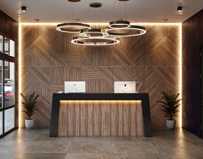 Render for the catalog of fixtures 5k render Modern Hotel Lobby Reception, Commercial Office Interior Design, Lighting Lounge, Design Office Interior, Modern Hotel Lobby, Doctor Office Design, Desk For Office, Reception Lighting, Office Reception Design