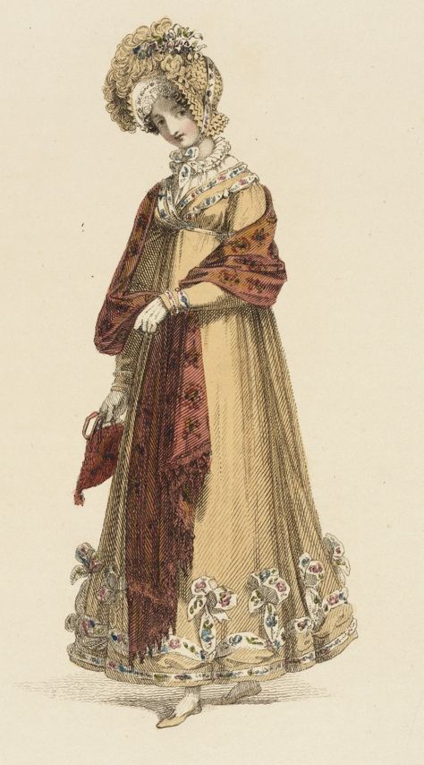 Walking dress, fashion plate, hand-colored engraving on paper, published in Ackermann's Repository, London, April 1818. 1820 Fashion, Walking Dress, Regency Gown, Regency Era Fashion, 1800s Fashion, Regency Dress, Fashion Illustration Vintage, Regency Fashion, 19th Century Fashion