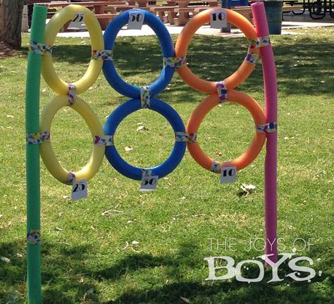 Target made from Pool Noodles from TheJoysofBoys.com.  Perfect for a Sports birthday party.  #poolnoodles Football Tire Toss, Sports Birthday Party Activities, Sports Themed Birthday Party Ideas Games, Sport Party Ideas, Dude Perfect Birthday Party, Boys Birthday Party Games, Birthday Party Pool, Sport Birthday, Football Pool