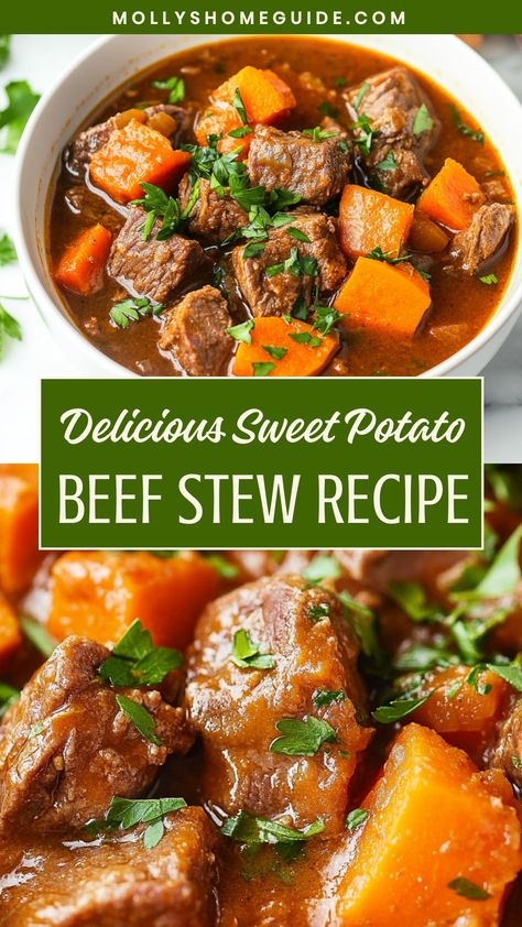 Indulge in a cozy and satisfying meal with this hearty Sweet Potato Beef Stew recipe. Packed with flavor and loaded with nutritious ingredients, it's the perfect dish to warm you up on chilly nights. Tender beef, sweet potatoes, and aromatic spices create a savory combination that will tantalize your taste buds. Whether you're cooking for family or hosting a gathering, this stew is sure to impress with its comforting aroma and delicious taste. Beef With Sweet Potatoes, Stew Sweet Potato, Beef Stew With Sweet Potatoes, Sweet Potato Beef Stew, Roast Beef Hash, Slow Cook Beef Stew, Sweet Potato Stew, Hearty Beef Stew, Yummy Sweet Potatoes