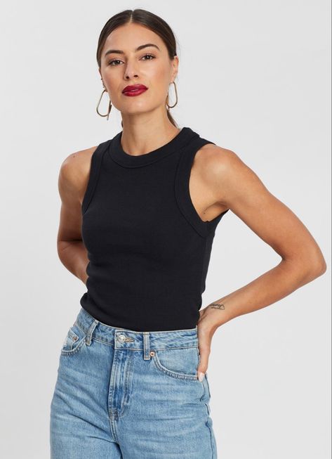 Navy Tank Top Outfit, Shirt And Tank Top Outfit, Knitted Tank Top Outfit, Black Tank Top Outfit, Black Tank Tops Outfit, Tank Top Outfit, Denim Label, Ladies Jeans, Tank Outfit