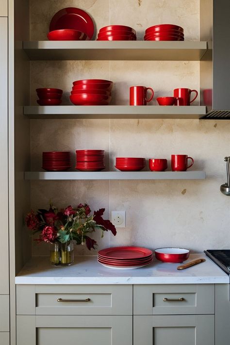 Red Dishes Set, Red Kitchen Decor Ideas, Red Kitchen Accents, Red Kitchen Appliances, Red Appliances, Red Kitchen Island, Red Backsplash, Red Cabinets, Red Dishes