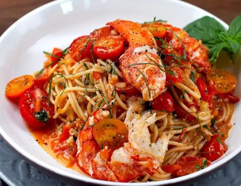 Spaghetti alla Chitarra with Lobster sauce - everybodylovesitalian.com Lobster Spaghetti, Lobster Sauce, Authentic Italian, Cherry Tomatoes, Tomatoes, Spaghetti, Cherry, Sauce