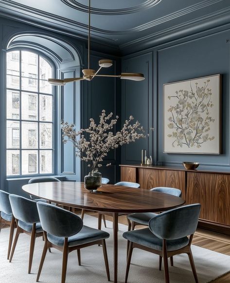 Blue Dinning Room, Dark Blue Dining Room, Blue Dining Room Walls, Blue And White Dining Room, Blue Dining Room, Dark Dining Room, Green Dining Room, Dining Room Blue, Dining Room Makeover