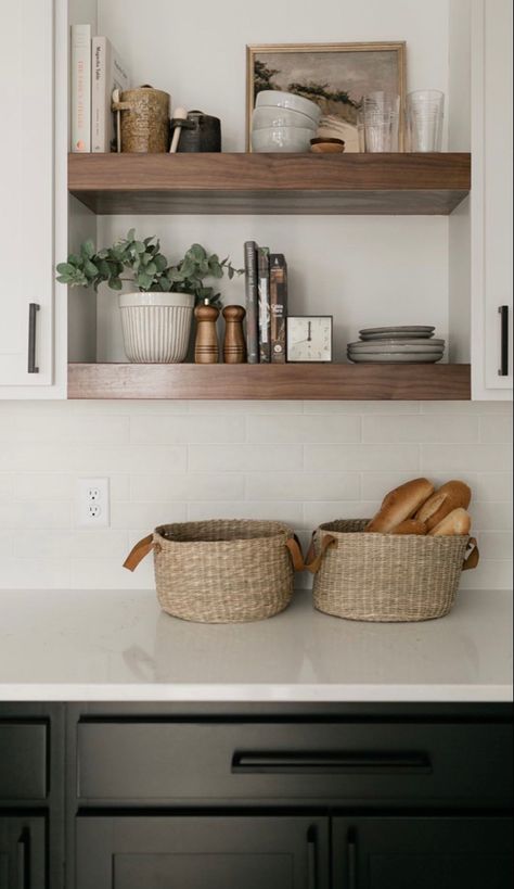 Open Shelves In Kitchen Decor, Kitchen Shelf Styling Farmhouse, Open Shelving In The Kitchen Minimalist, Modern Floating Shelves Kitchen Wood, Minimal Open Shelves Kitchen, Thick Wooden Shelves Kitchen, Floating Kit Hen Shelves, Rustic Kitchen Shelves, Float Shelf