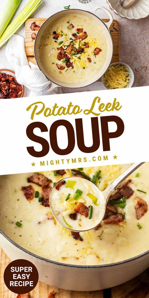 Potato Leek Soup Leeks Soup Recipes, Potato Leek, Bacon Potato, Fall Soup Recipes, Potato Leek Soup, Hearty Soup, Irish Roots, Leek Soup, Potato Soup Recipe