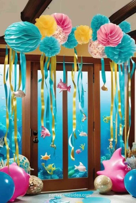 35 Bestest Mermaid Birthday Party Ideas Indoor Mermaid Party, Mermaid Scavenger Hunt, Mermaid 4th Birthday Party, Games Ideas For Adults, Mermaid Party Games, Party Games Ideas, Mermaid Birthday Party Ideas, Glitter Bottle, Craft Station