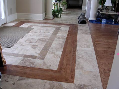 nice transition from tile to hardwood                                                                                                                                                                                 More Kitchen Floor Transition, Tile And Wood Floor, Floor Transition, Transition Flooring, Entryway Tile, Foyer Flooring, Entryway Flooring, Wood Tile Floors, Kitchen Floor