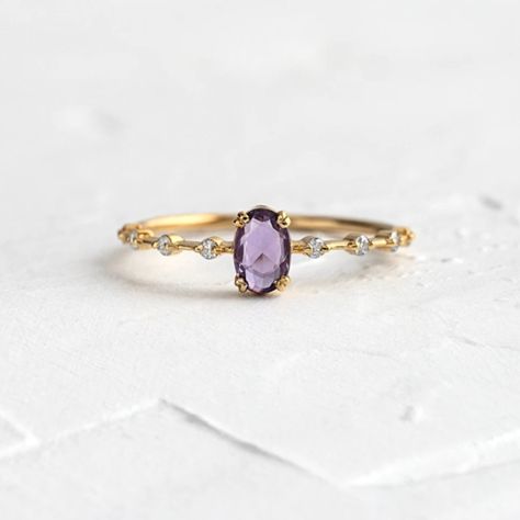 Emoji Ring, Purple Stone Rings, Yellow Gold Color, Amethyst Ring Engagement, Tiny Rings, Trendy Ring, Crystal Light, Purple Crystal, Gold Filled Ring