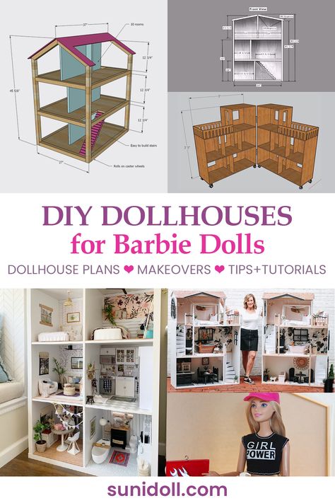 DIY dollhouses for Barbie dolls - dollhouse plans, makeovers, tip and tutorials Barbie Doll House Measurements, Victorian Dollhouse Plans Free, Making Dolls House Furniture Diy, Building A Barbie Doll House, Diy Wood Barbie House, Build Your Own Dollhouse Easy Diy, Make Your Own Dollhouse, Barbie Diy House Ideas, 1/6 Scale Barbie Furniture Diy