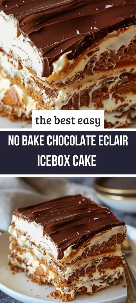 No Bake Chocolate Eclair Icebox Cake No Bake Chocolate Eclair, Chocolate Eclair Dessert, Eclairs Dessert, No Bake Eclair Cake, Icebox Desserts, Chocolate Eclair Cake, Cookie Deserts, Icebox Cake Recipes, Eclair Cake