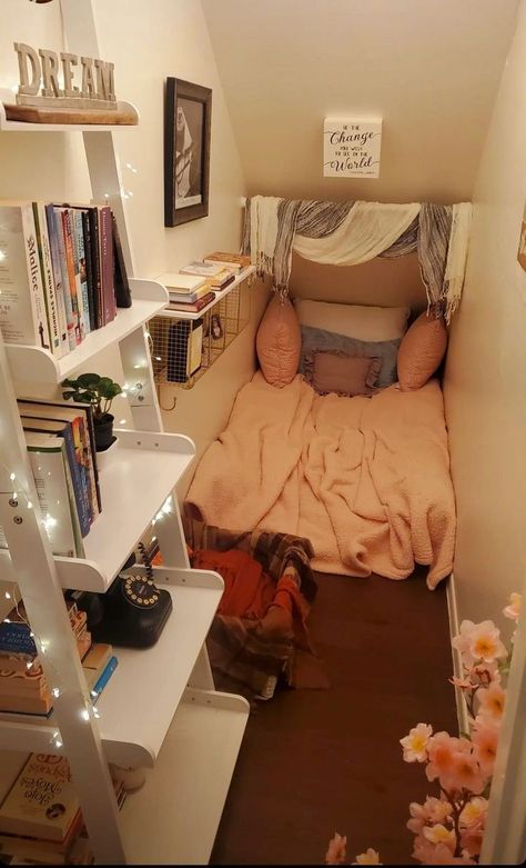 Closet Turned Into Reading Nook, Sitting Room Ideas Cozy, Closet Nook, Bedroom Bookshelves, Nook Ideas, Calming Spaces, A Work In Progress, Room Makeover Bedroom, Reading Corner