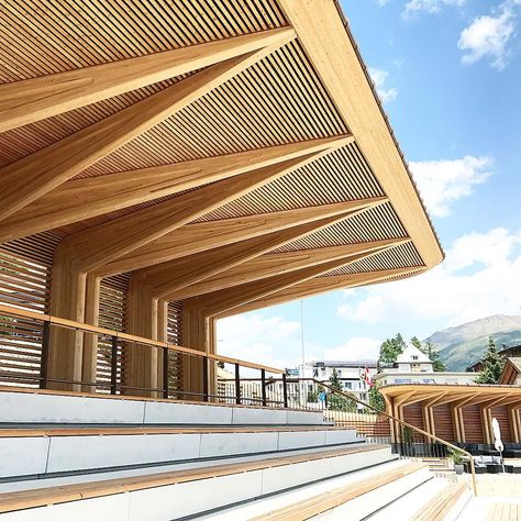 Wooden Pavilion Architecture, Glulam Roof, Wooden Roof Structure, Norman Foster Architecture, Wooden Pavilion, Sport Center, Australia House, Wooden Facade, Timber Architecture