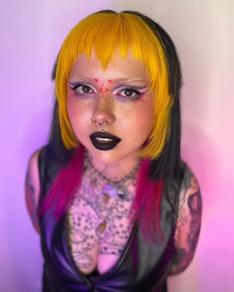 Always love getting to do some Yu Gi Oh inspired hair! We couldn’t decide if we liked it better straight or wavy so decided to post both 😝 This is probably my favorite haircut I’ve done, I really loved playing with the shapes and textures. P.s. please give me all the baby bangs 😈 Color Achieved using @pulpriothair Noir+ Velvet + Fireball + Cupid + Lemon ✨ #pulpriothair #pulpriot #babybangs #animehair #pulpriotrecipes #orlandohairstylist #yugioh V Bangs Short Hair, Fang Bangs, Bangs Color, V Bangs, Baby Bangs, Pulp Riot Hair, Vampire Fangs, Pulp Riot, Unique Hair