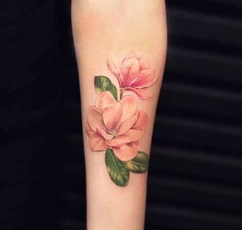 44 Beautiful Magnolia Tattoo Designs | Page 3 of 4 | TattooAdore Pink Flower Tattoo, Apple Blossom Tattoos, Flower Tattoos Designs, Pink Flower Tattoos, Marigold Tattoo, Succulent Tattoo, Peony Flower Tattoos, Magnolia Tattoo, Sweet Image