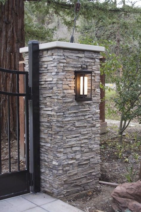 Interior Pillars, Driveway Entrance Landscaping, Tor Design, Simply Organized, Ranch Gates, Gate Lights, Driveway Lighting, Stone Driveway, Driveway Entrance