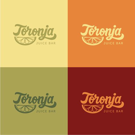 Citrus inspired color palette and hand lettered logo design by Type Affiliated. bright colorful lettering design for Toronja Juice Bar. Juicy scritp style lettering design #typeaffiliated #handletteredlogo #logodesign #logolettering #juicelogo Summer Graphic Design Inspiration, Food Logo Color Palette, Bar Color Palette, Citrus Packaging Design, Health Food Logo, Juice Bar Logo Ideas, Juice Shop Logo Design, Juice Logo Design Ideas, Juice Logo Design