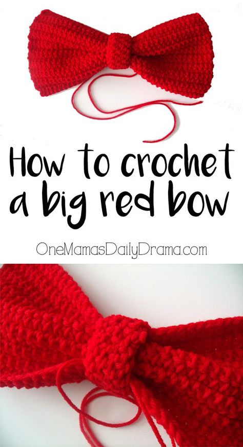 How to crochet a big red bow | Simple beginner pattern to make a hair bow for a costume. Easy to adjust to any size you need. Crochet A Bow, Crochet Bows Free Pattern, Crochet Bow Ties, Diy Gift Bow, Crochet Bow Pattern, Crochet Hair Bows, Embroidery Hair, Crochet Bow, Hair Crochet