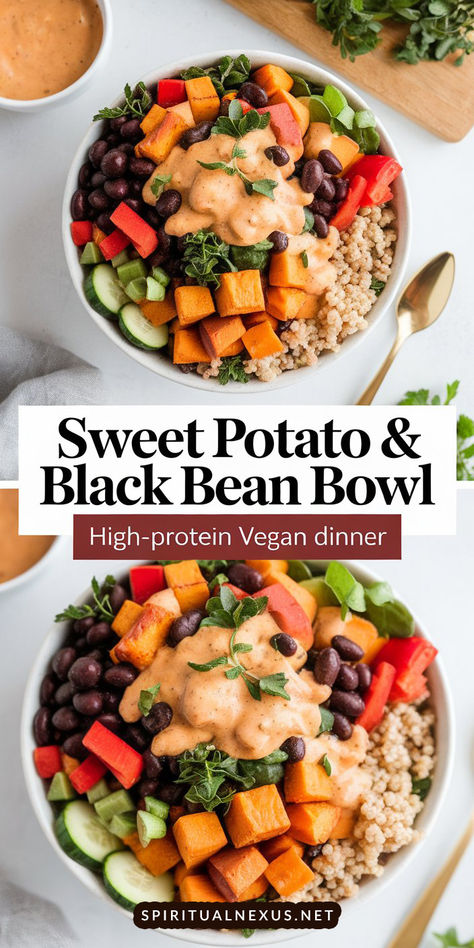 High Protein Vegan Meal: Southwest Black Bean and Sweet Potato Bowl Plant Based Bowls Easy, Vegan Macro Bowl, Plant Based Protein Bowls, Vegan Sweet Potato Meals, Vegan Protein Bowl Recipes, Black Bean And Sweet Potato Recipes, High Protein Vegetarian Bowls, Black Bean Stuffed Sweet Potato, Sweet Potato And Black Bean Bowl