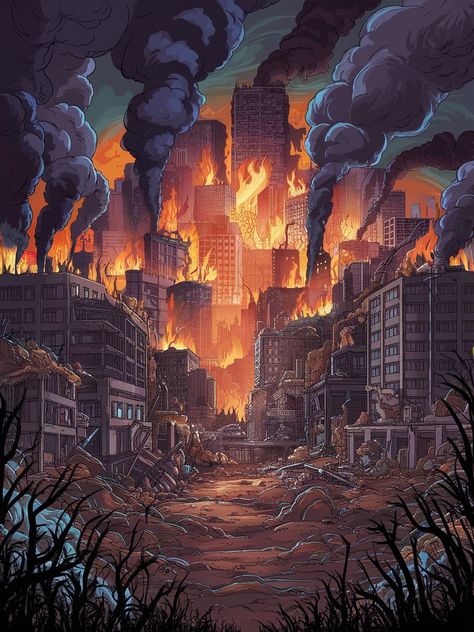 City Burning Drawing, Burning City Drawing, City Destruction Art, Burning City Tattoo, City On Fire Drawing, Burning Building Drawing, Burning City Art, Destruction Drawing, Apocalypse Drawing