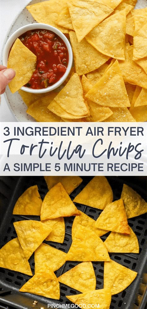 These super easy air fryer tortilla chips only require 3 ingredients and 5 minutes to make them! They come out perfectly crispy and make the best healthy appetizer paired with your favorite salsa or dip! Air Fryer Tortilla Chips, Air Fryer Tortilla, Tortilla Chip Recipe, Homemade Corn Tortillas, Healthy Appetizer, Homemade Tortilla Chips, Homemade Chips, Air Fryer Oven Recipes, Easy Air Fryer