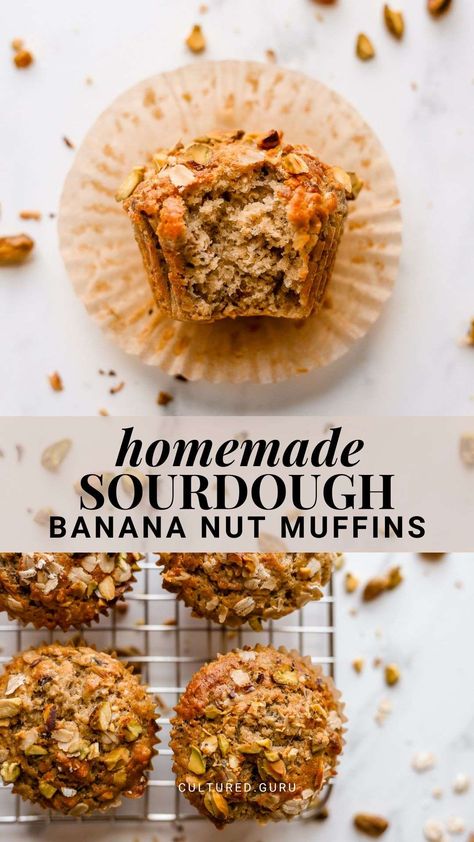 Indulge in the most delicious Banana Nut Muffins made with sourdough discard. Moist, rich, and bursting with nutty flavor—the perfect baking recipe for using up your sourdough discard. Enjoy these sourdough discard banana nut muffins for breakfast, a snack, or dessert. Banana Nut Sourdough Muffins, Sourdough Discard Banana Nut Muffins, Banana Nut Sourdough Bread, Sourdough Discard Breakfast Recipe, Sourdough Muffins Recipes, Banana Sourdough Discard Recipes, Sourdough Discard Banana Muffins, Discard Sourdough Recipes, Sourdough Banana Muffins