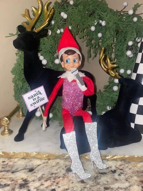 Glitter Elf On The Shelf, Elf Swiftie, Elf On The Shelf Eras Tour, Taylor Swift Themed Elf On The Shelf, Elf On The Shelf Swiftie, Elf On The Shelf Cheerleader, Christmas Tinsel Ideas, Preppy Elf On The Shelf, Swiftie Elf On The Shelf