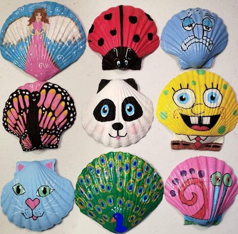 Shells Painting Ideas, Cute Shell Painting Ideas, Art Made From Shells, Painted Seashells Diy, She’ll Painting Ideas, Crafts With Shells For Kids, Paint Shells Ideas, Paint Seashells Ideas, Painting Seashells Ideas Easy